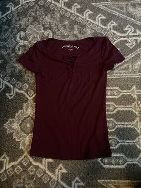 Burgundy Lace-Up Ribbed Top - XS